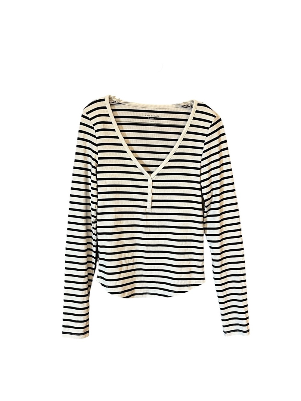 American Eagle Striped Ribbed Henley Top Women’s L Ivory Black Long Sleeve Tee